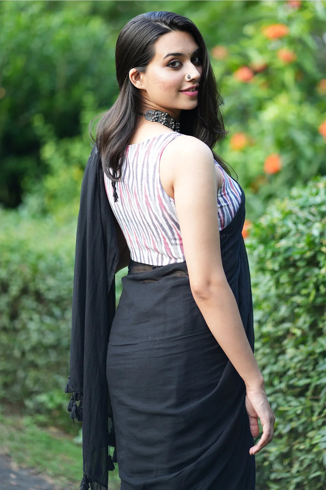 Black Plain Saree - Handloom Cotton Saree with Black Tassels- I Love Sarees