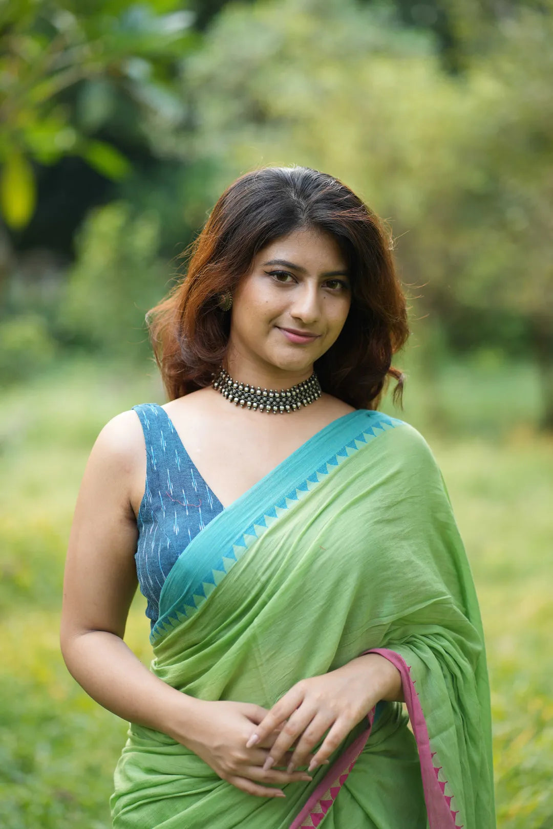 Blue V-neck Sleeveless Ikkat Saree blouse - I Love Sarees