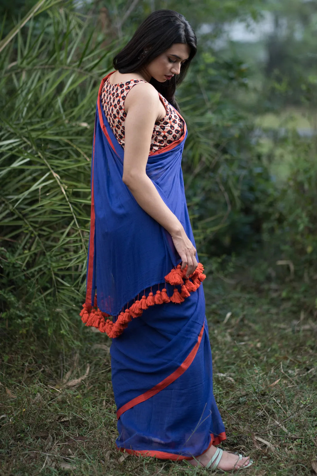 Blue saree with orange border - pure cotton saree with orange tassels - I Love Sarees