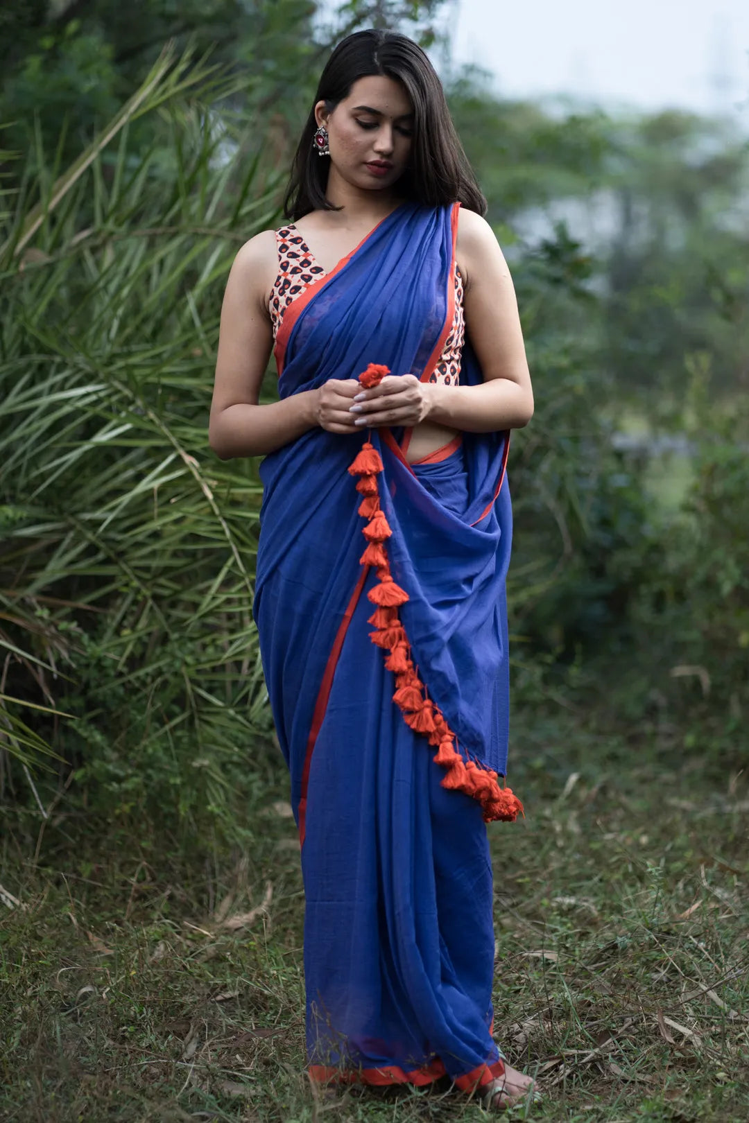 Blue saree with orange border - pure cotton saree with orange tassels - I Love Sarees