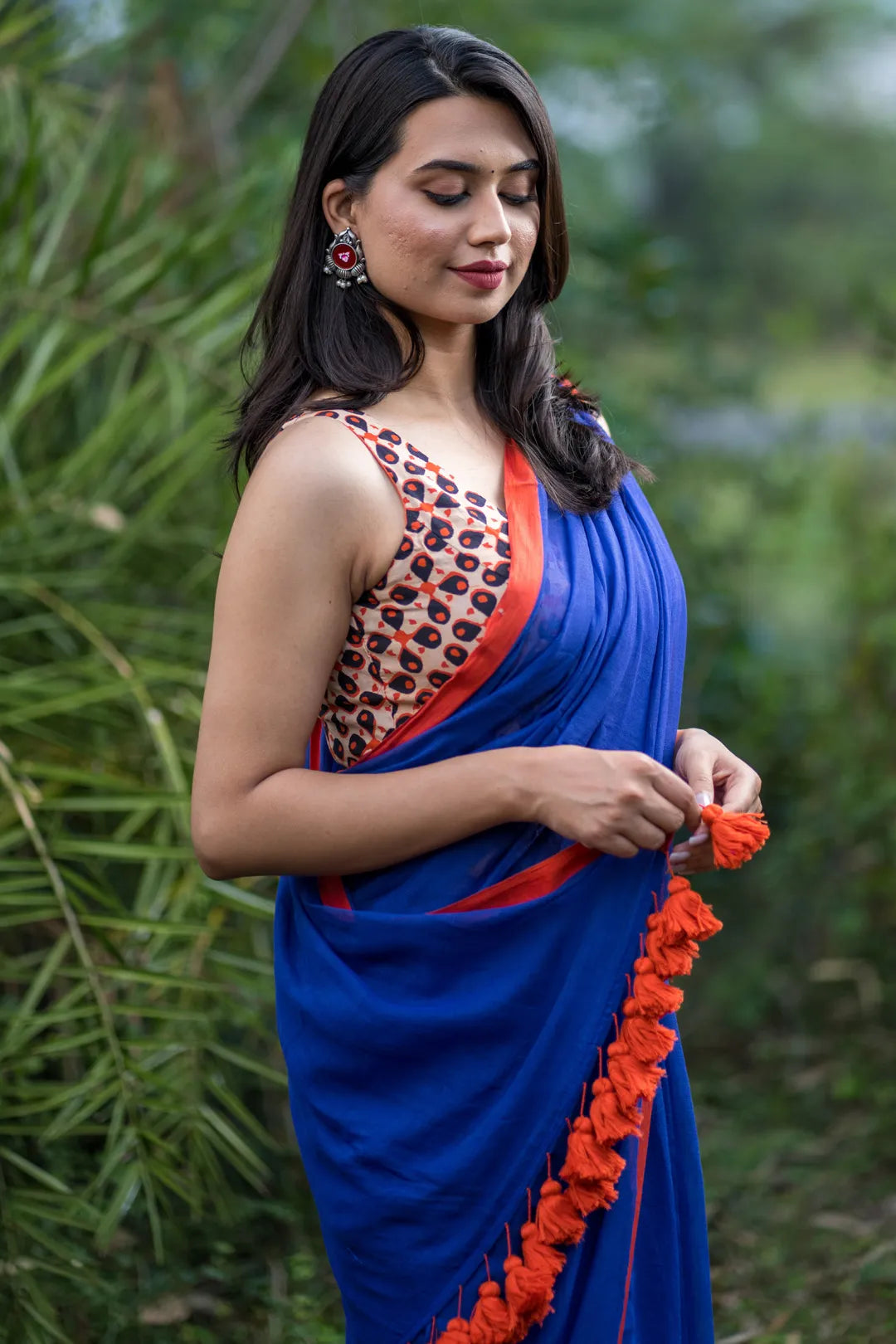 Blue saree with orange border - pure cotton saree with orange tassels - I Love Sarees