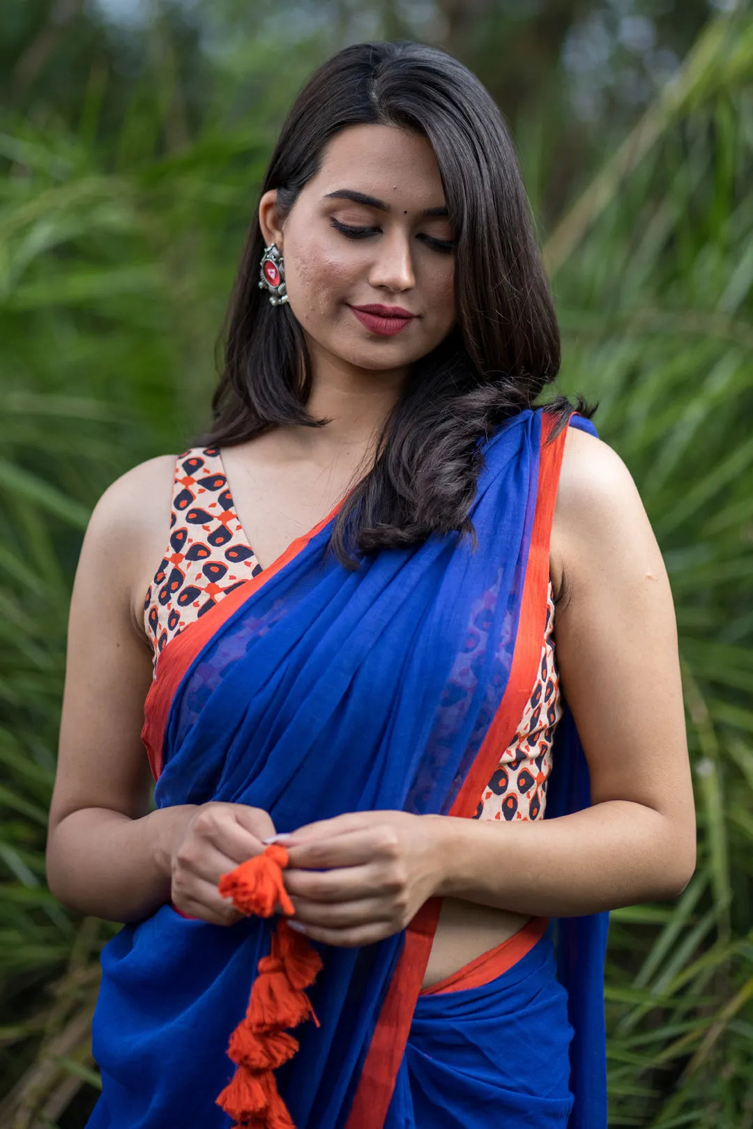 Blue saree with orange border - pure cotton saree with orange tassels - I Love Sarees