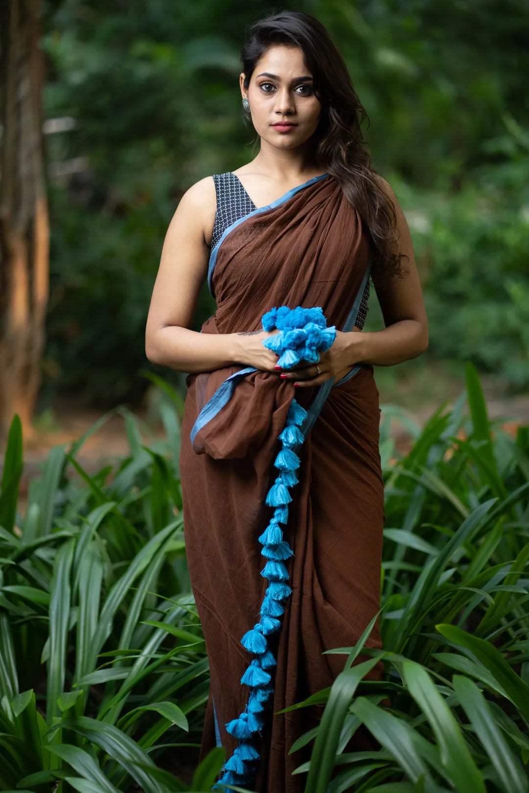 Brown and Blue Combination Saree - pure cotton saree - blue tassels - I Love Sarees
