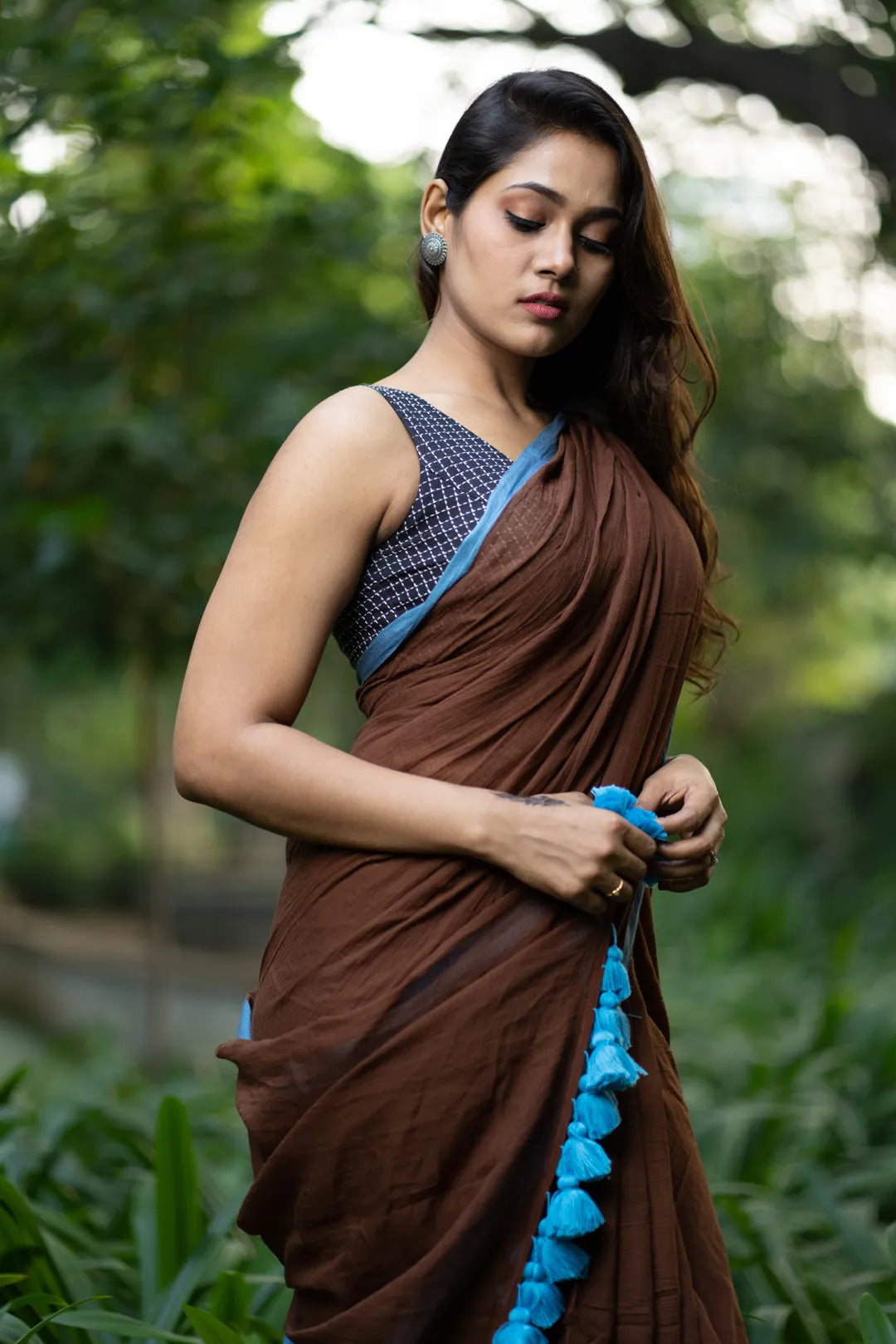 Brown and Blue Combination Saree - pure cotton saree - blue tassels - I Love Sarees