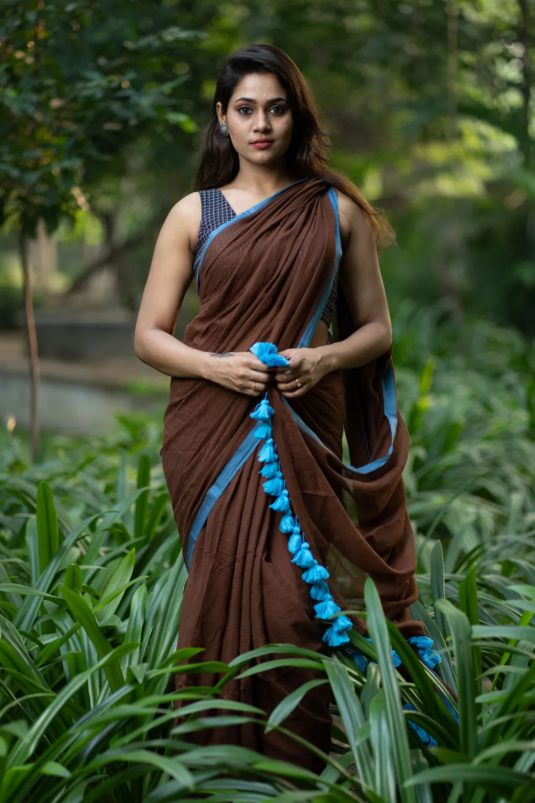 Brown and Blue Combination Saree - pure cotton saree - blue tassels - I Love Sarees