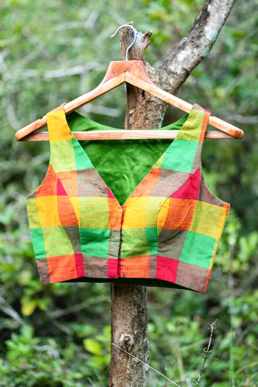 Colourful red and green checked cotton sleeveless blouse - I Love Sarees