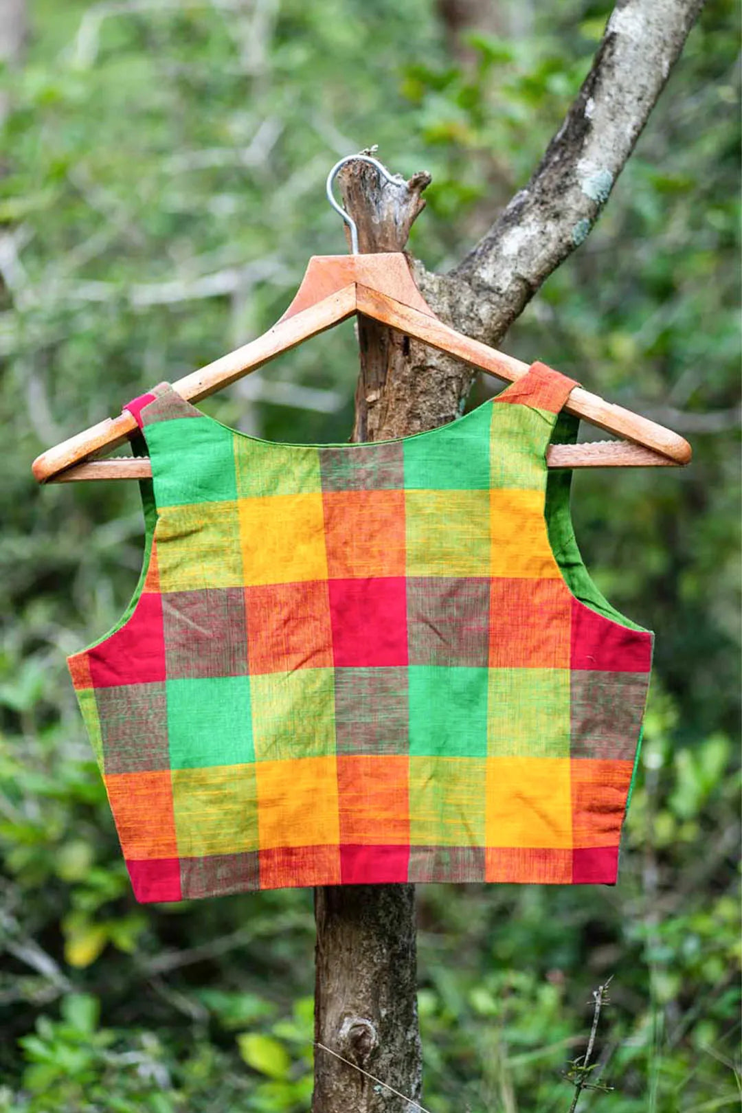 Colourful red and green checked cotton sleeveless blouse - I Love Sarees