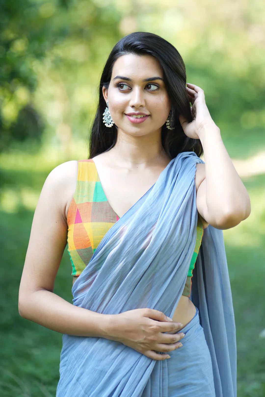 Colourful red and green checked cotton sleeveless blouse - I Love Sarees
