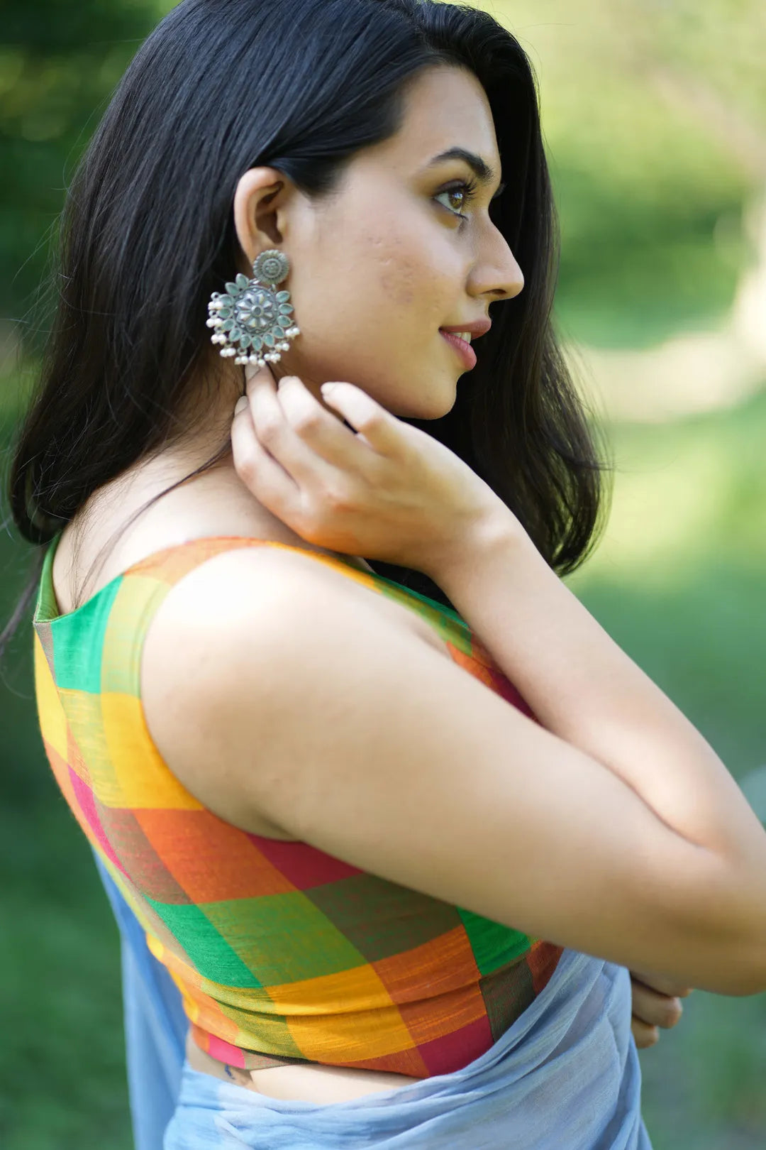 Colourful red and green checked cotton sleeveless blouse - I Love Sarees