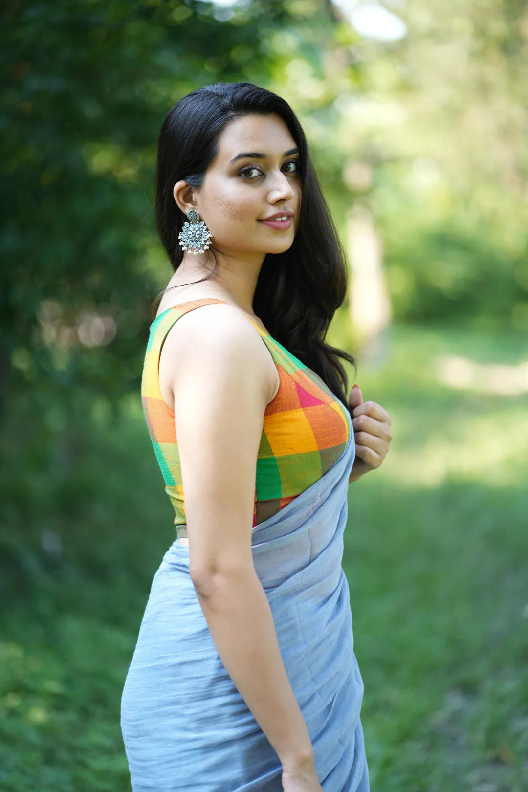 Colourful red and green checked cotton sleeveless blouse - I Love Sarees