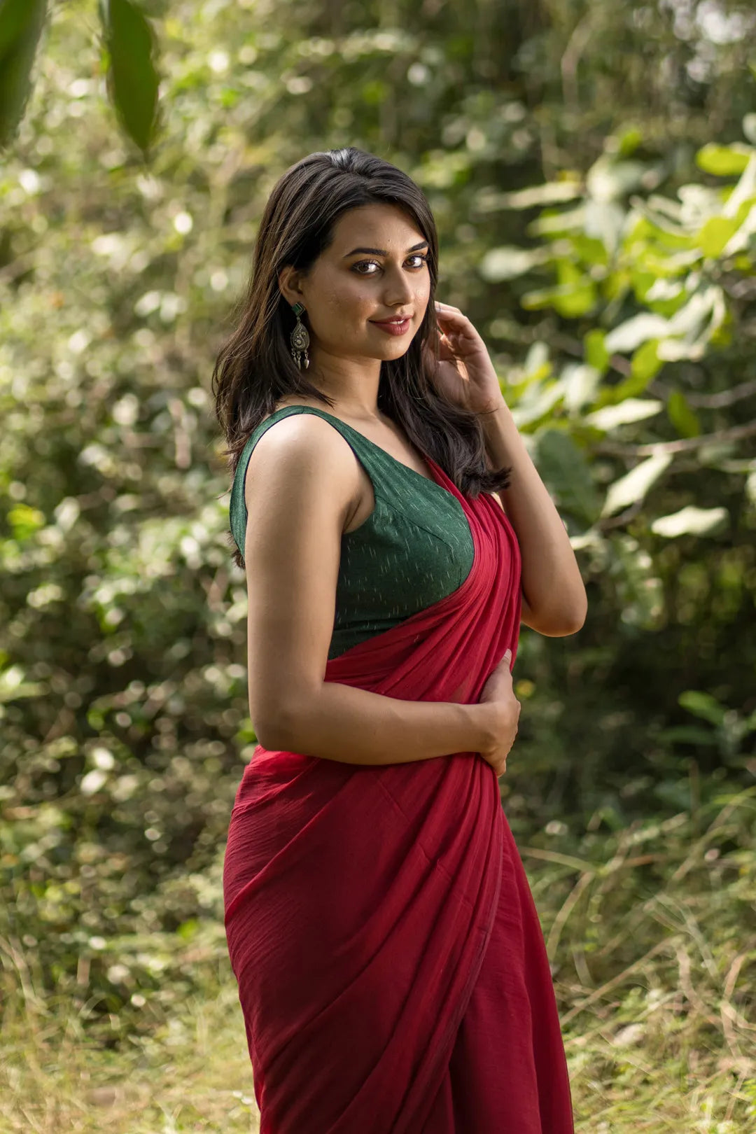 Cotton sleeveless V-neck Ikkat green blouse - I Love Sarees