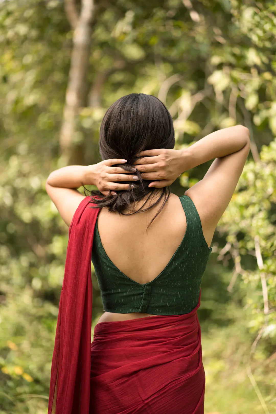 Cotton sleeveless V-neck Ikkat green blouse - I Love Sarees