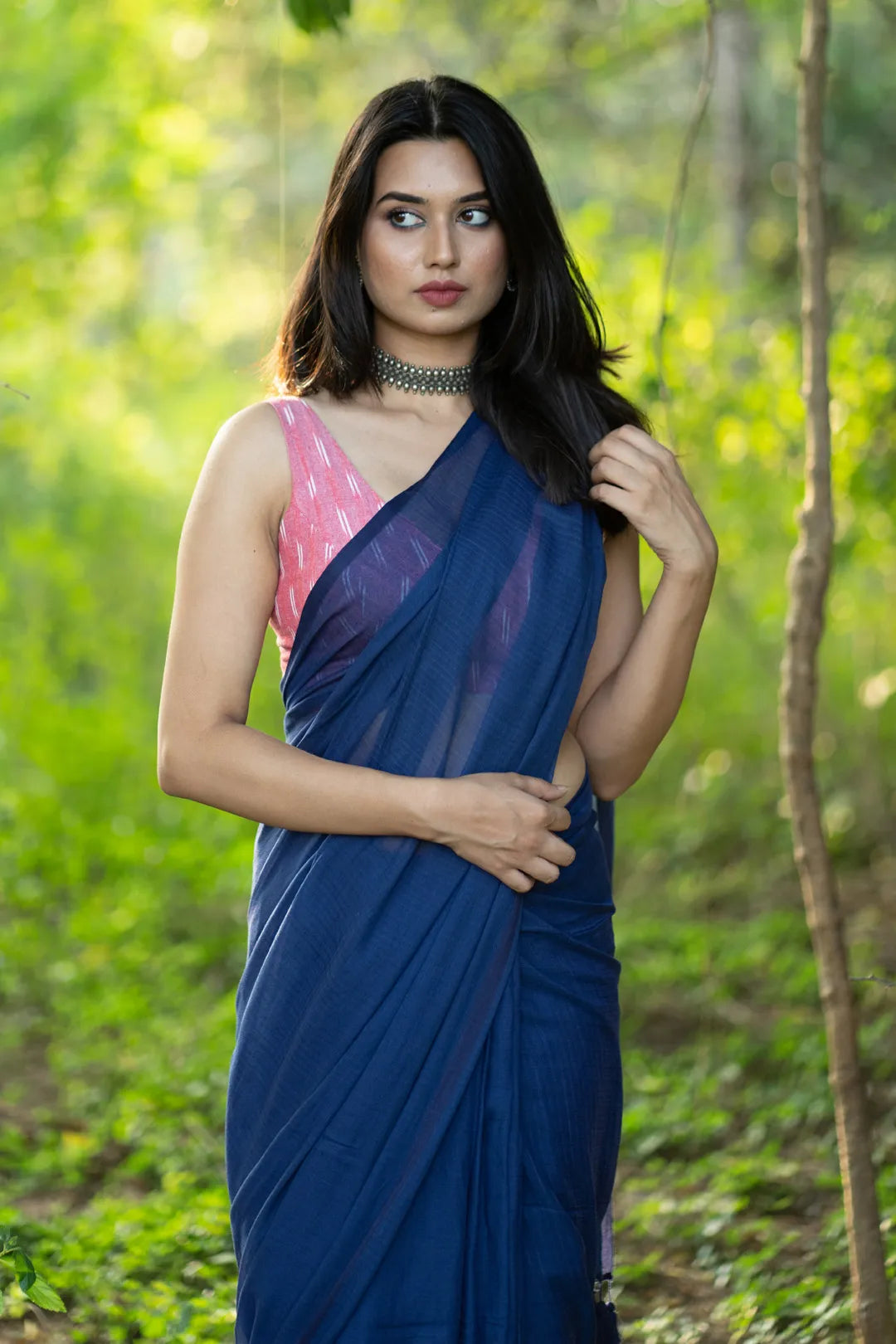 Dark Blue Plain handloom cotton Saree with blue tassels - I Love Sarees