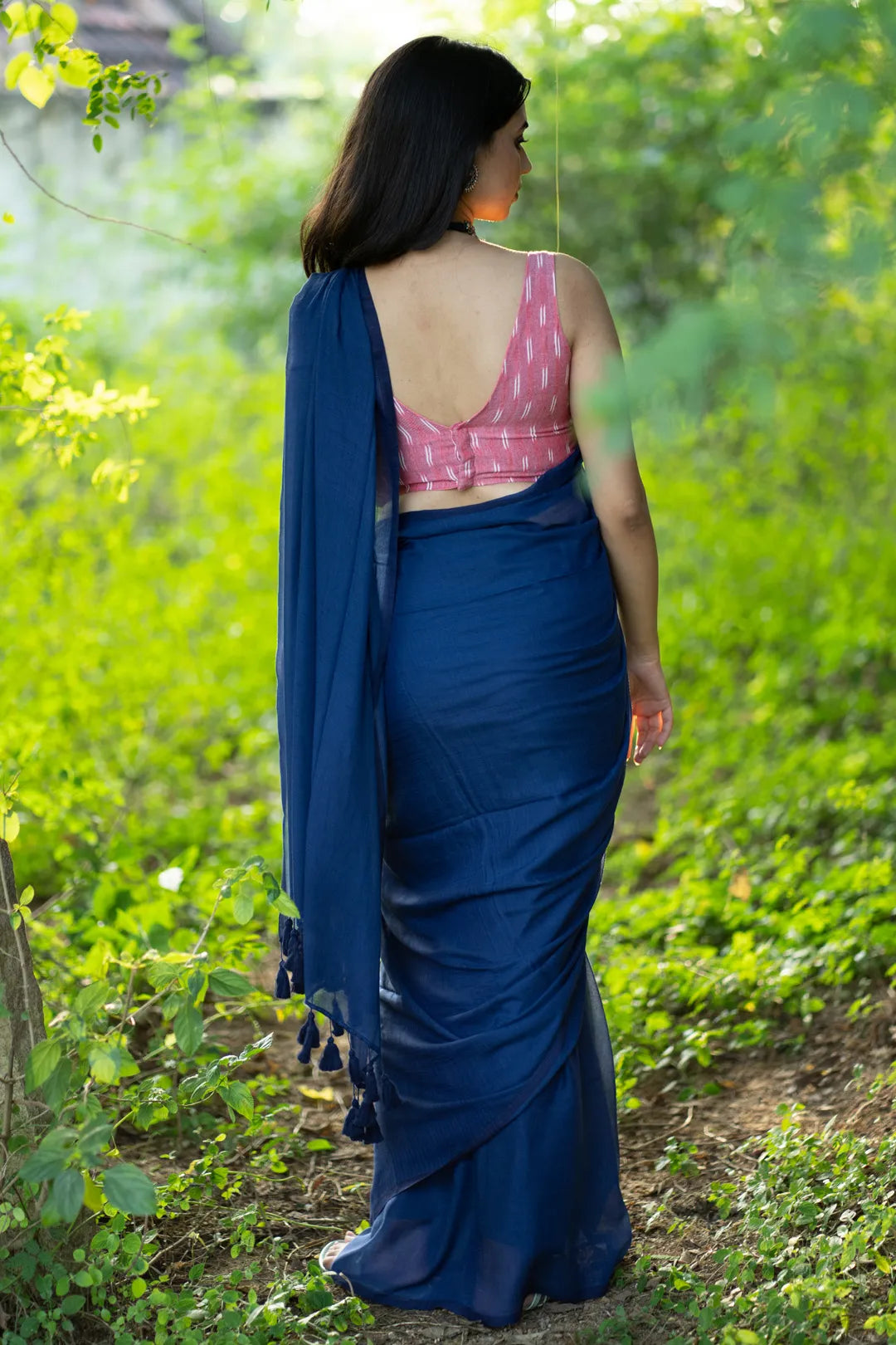 Dark Blue Plain handloom cotton Saree with blue tassels - I Love Sarees