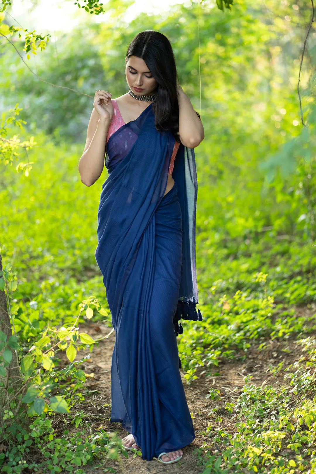 Dark Blue Plain handloom cotton Saree with blue tassels - I Love Sarees