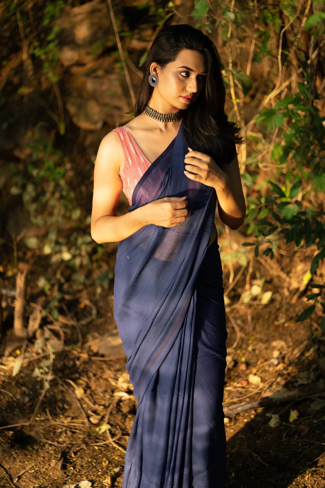 Dark Blue Plain handloom cotton Saree with blue tassels - I Love Sarees