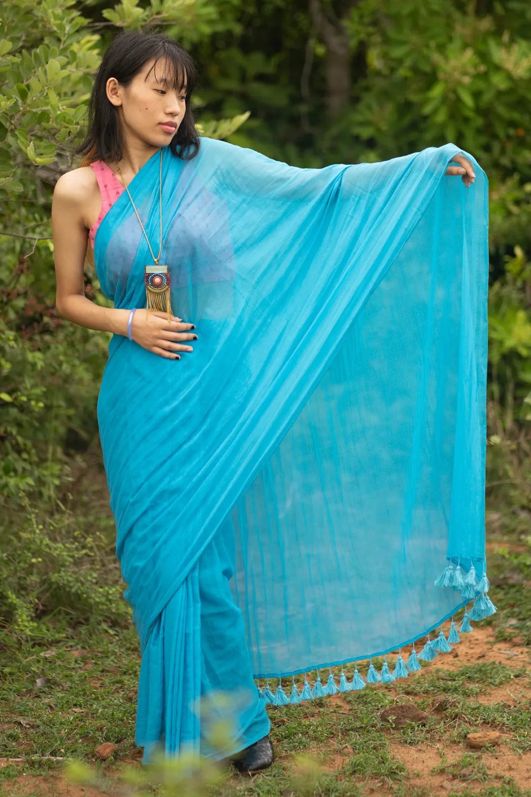 Dark Blue Plain handloom cotton saree - I Love Sarees