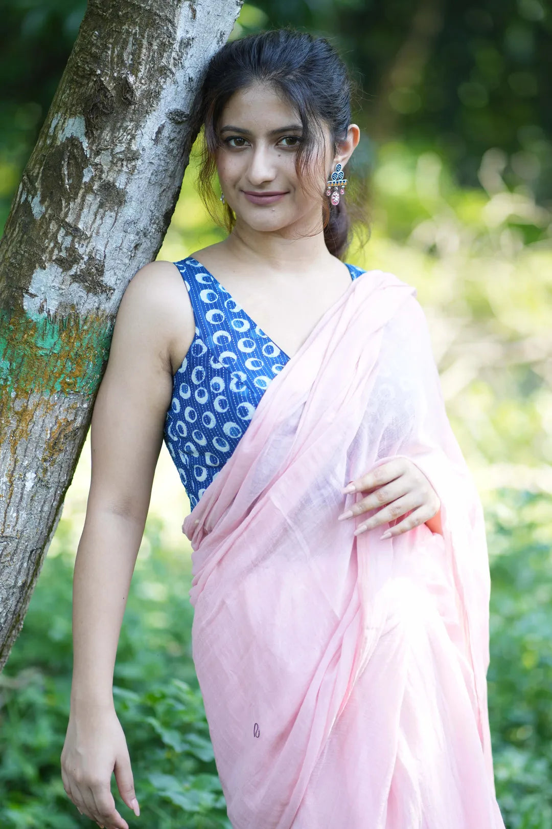 Dark Blue Sleeveless saree - blouse with Polkha dot design - I Love Sarees