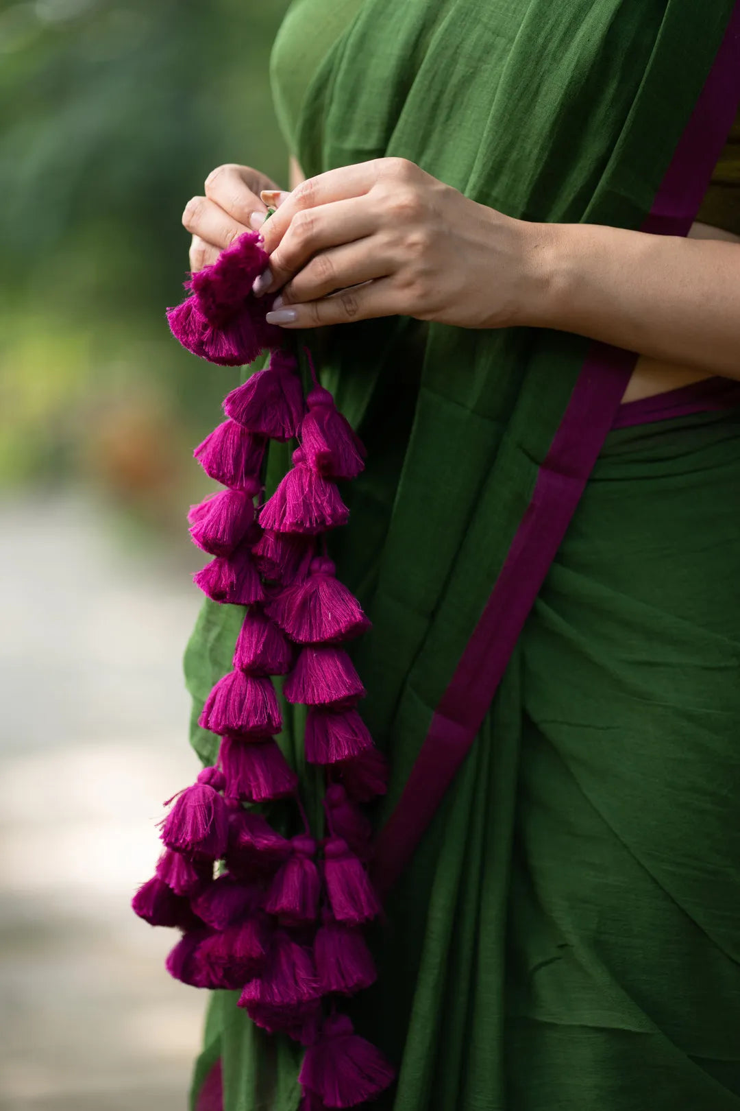Dark green saree with pink border - pure cotton saree with pink tassels - I Love Sarees