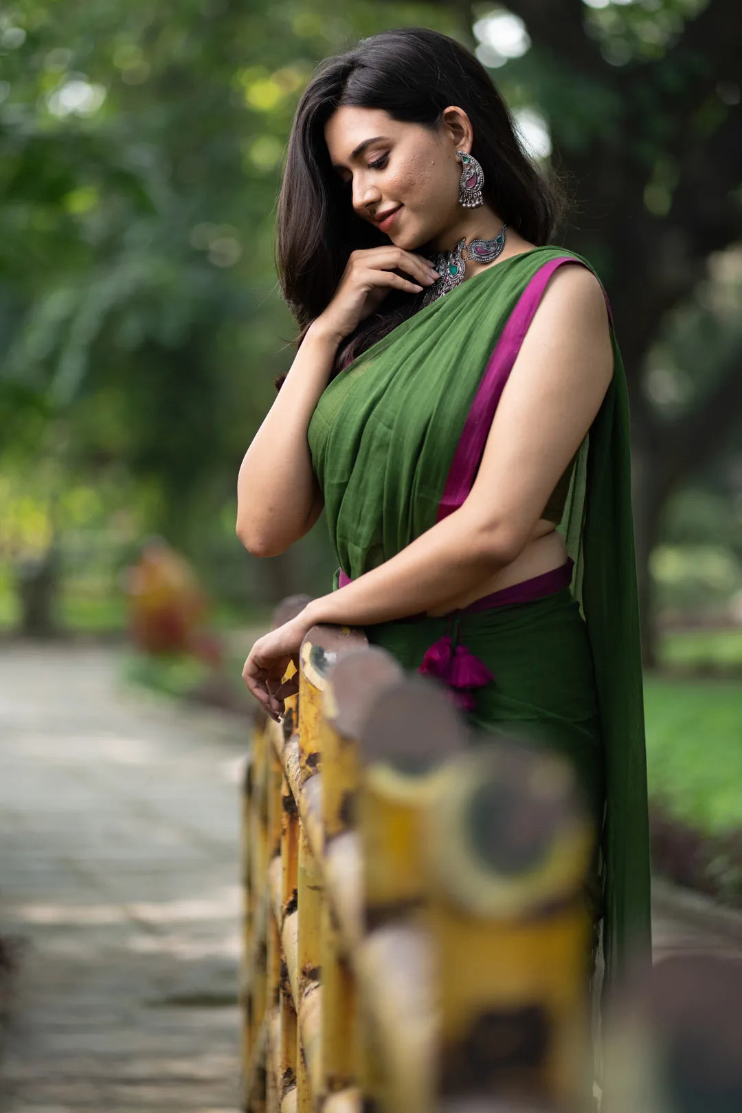 Dark green saree with pink border - pure cotton saree with pink tassels - I Love Sarees
