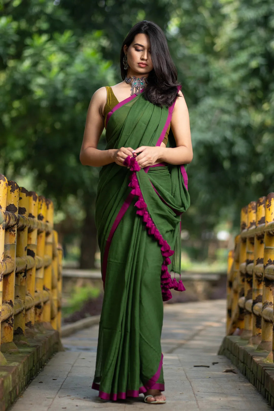 Dark green saree with pink border - pure cotton saree with pink tassels - I Love Sarees