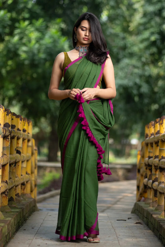 Dark green saree with pink border - pure cotton saree with pink tassels - I Love Sarees