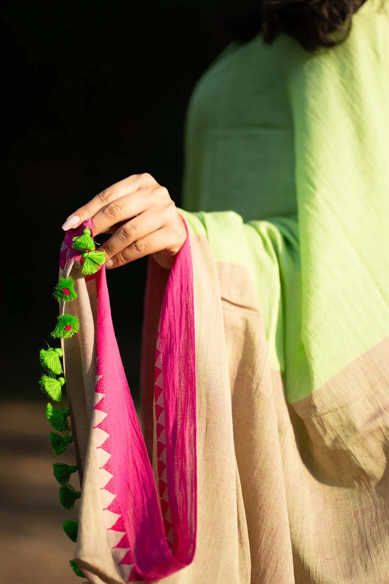 Green Saree with Pink jacquard Border - Handloom Cotton Saree - I Love Sarees