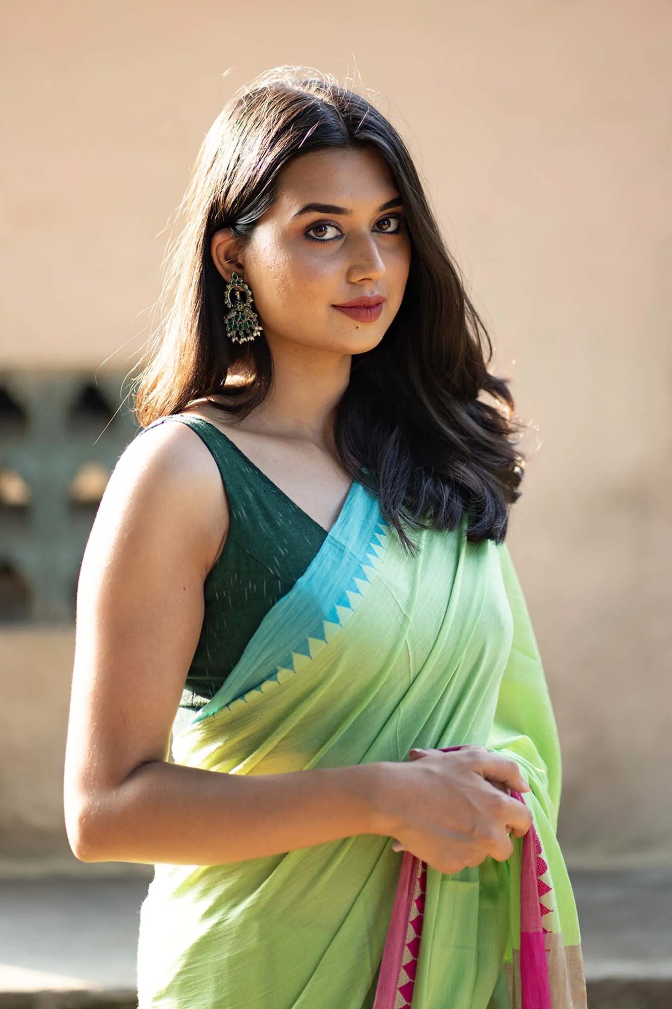 Green Saree with Pink jacquard Border - Handloom Cotton Saree - I Love Sarees