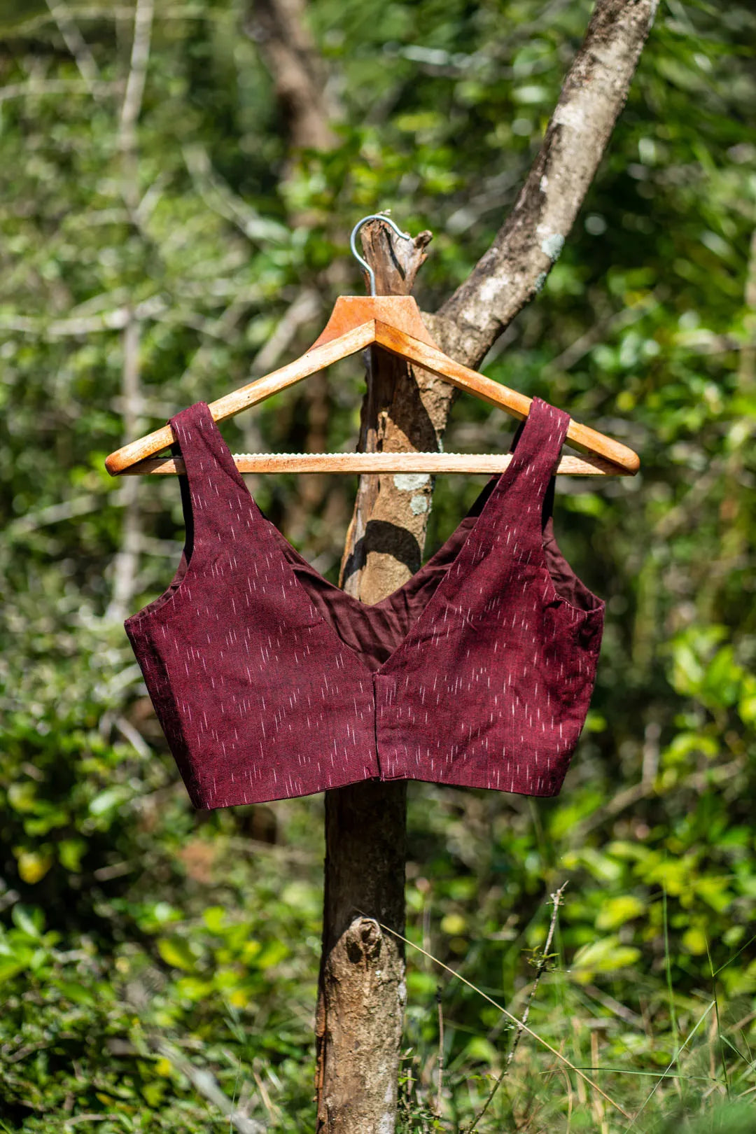 Maroon V-neck Ikkat padded readymade Cotton blouse - I Love Sarees