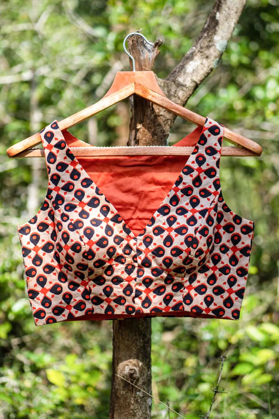 Orange Sleeveless hand print Saree Blouse with floral motifs - I Love Sarees