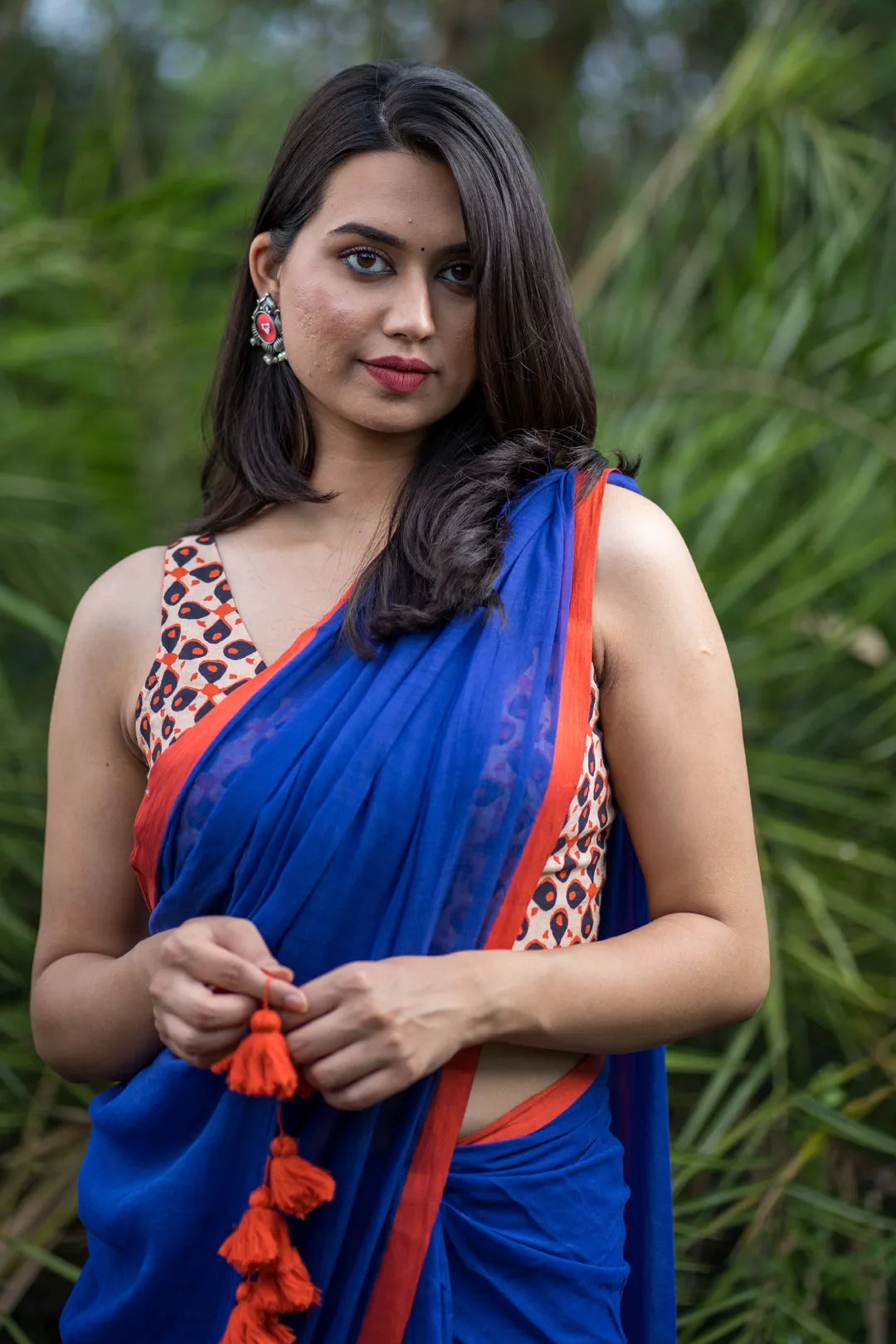 Orange Sleeveless hand print Saree Blouse with floral motifs - I Love Sarees