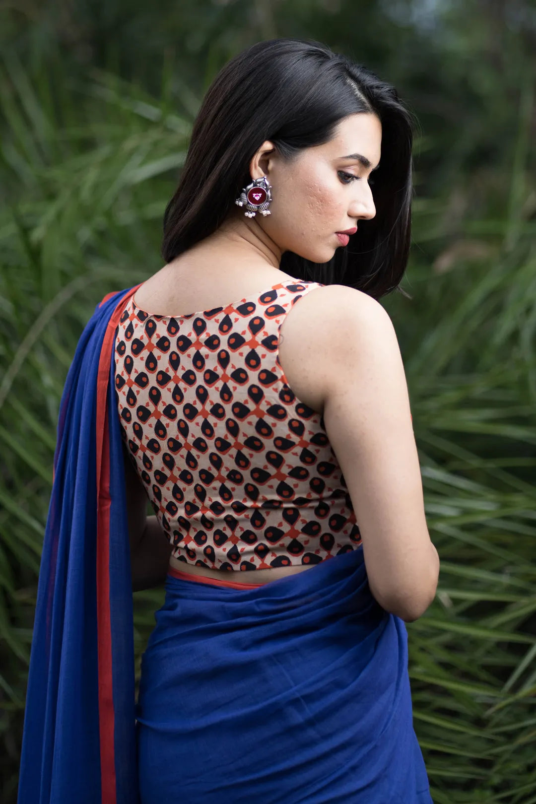 Orange Sleeveless hand print Saree Blouse with floral motifs - I Love Sarees