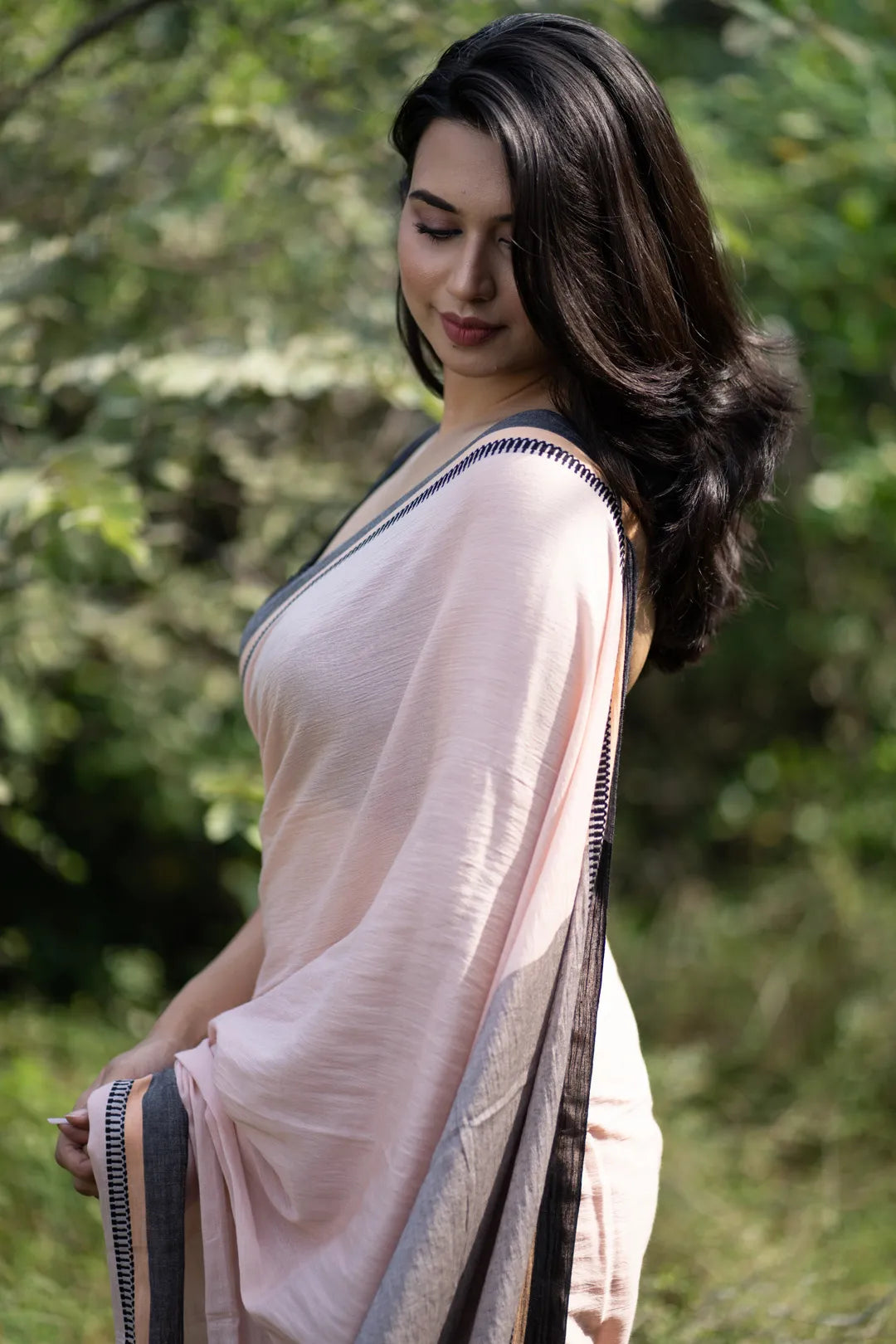 Peach Colour handloom cotton Saree with Black Jacquard Border - I Love Sarees