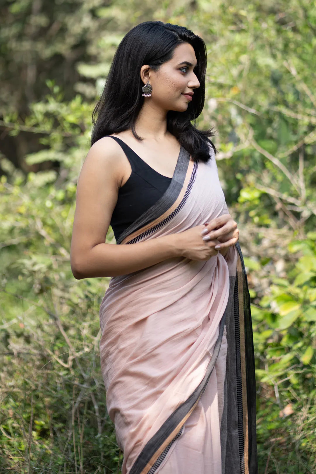 Peach Colour handloom cotton Saree with Black Jacquard Border - I Love Sarees