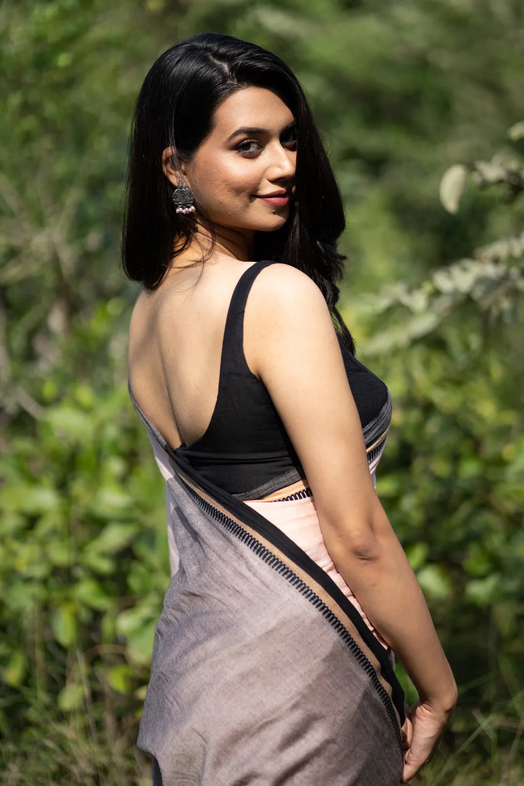 Peach Colour handloom cotton Saree with Black Jacquard Border - I Love Sarees