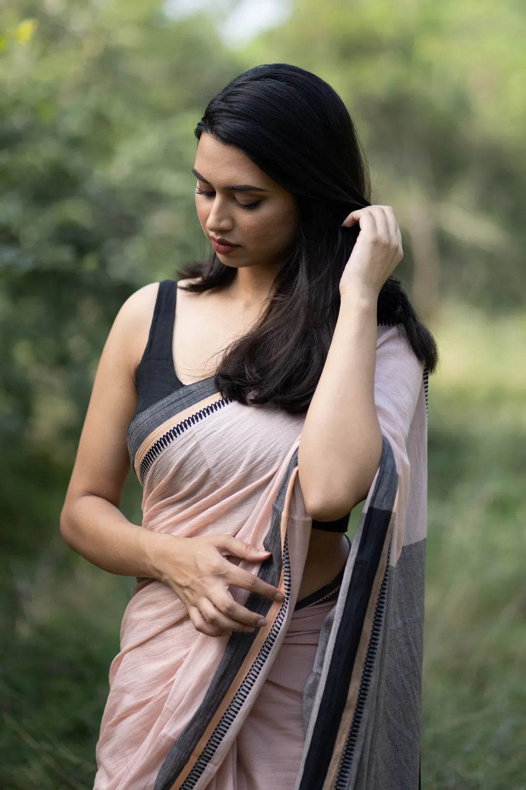 Peach Colour handloom cotton Saree with Black Jacquard Border - I Love Sarees