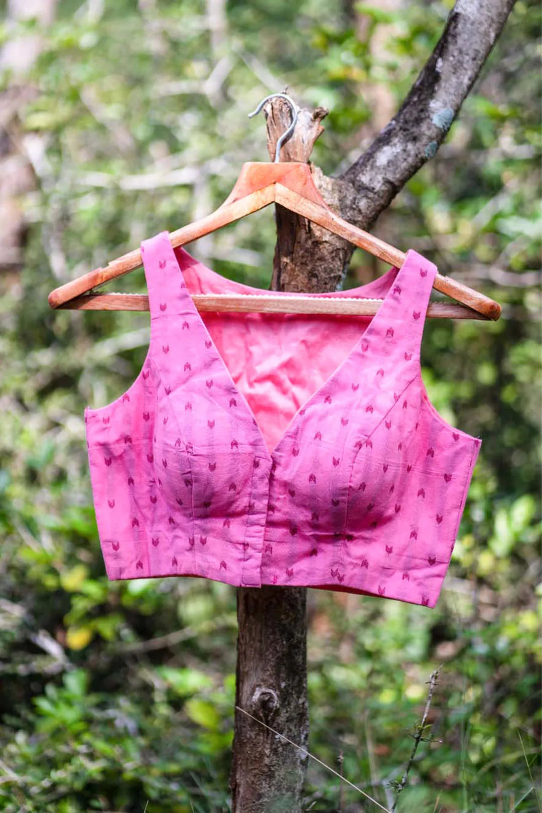 Pink Cotton Sleeveless blouse with dark pink pattern - I Love Sarees
