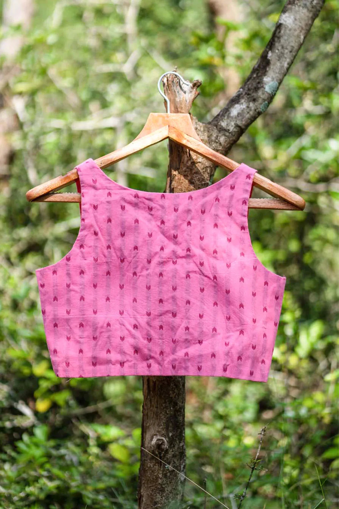 Pink Cotton Sleeveless blouse with dark pink pattern - I Love Sarees