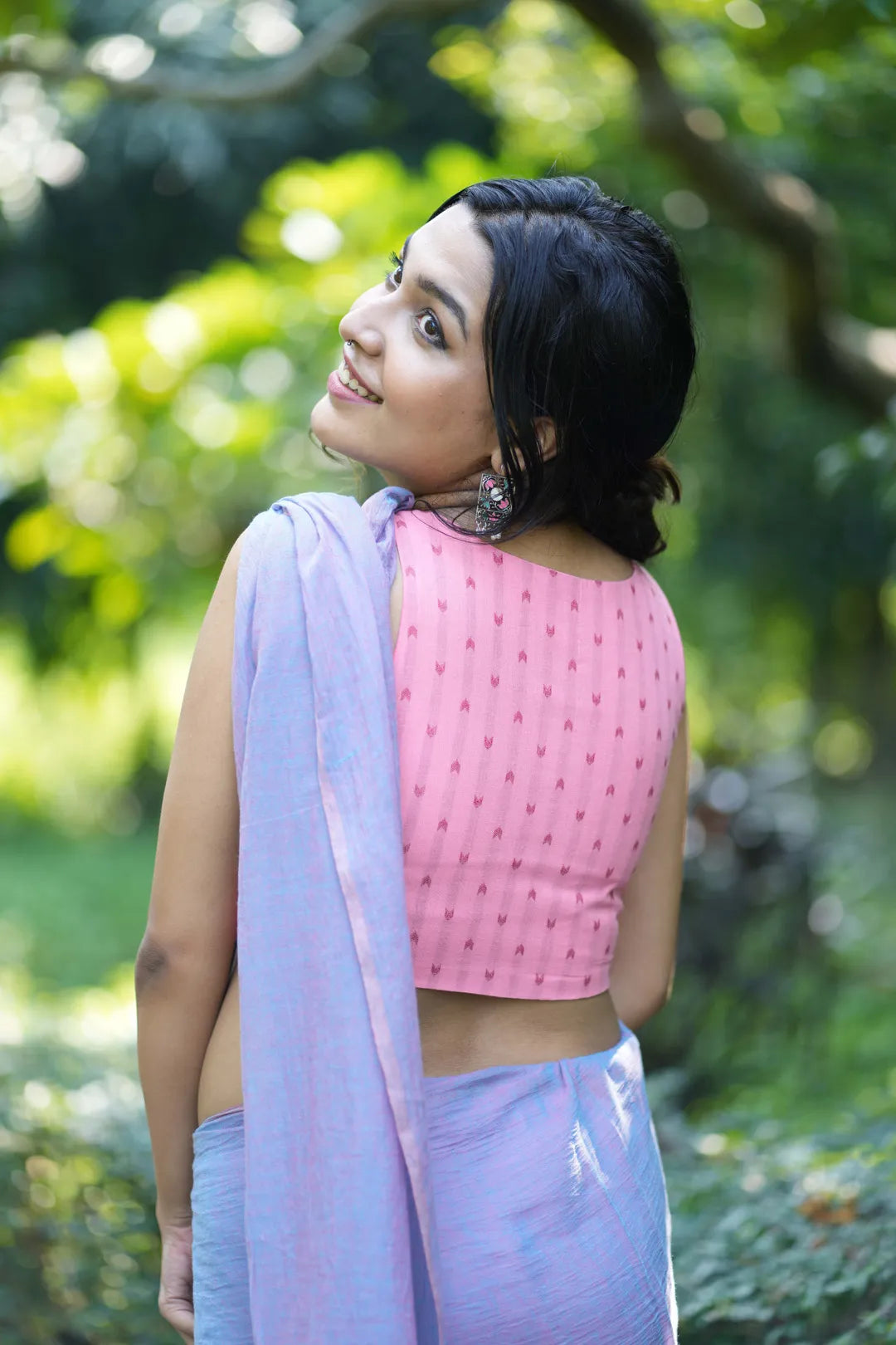 Pink Cotton Sleeveless blouse with dark pink pattern - I Love Sarees