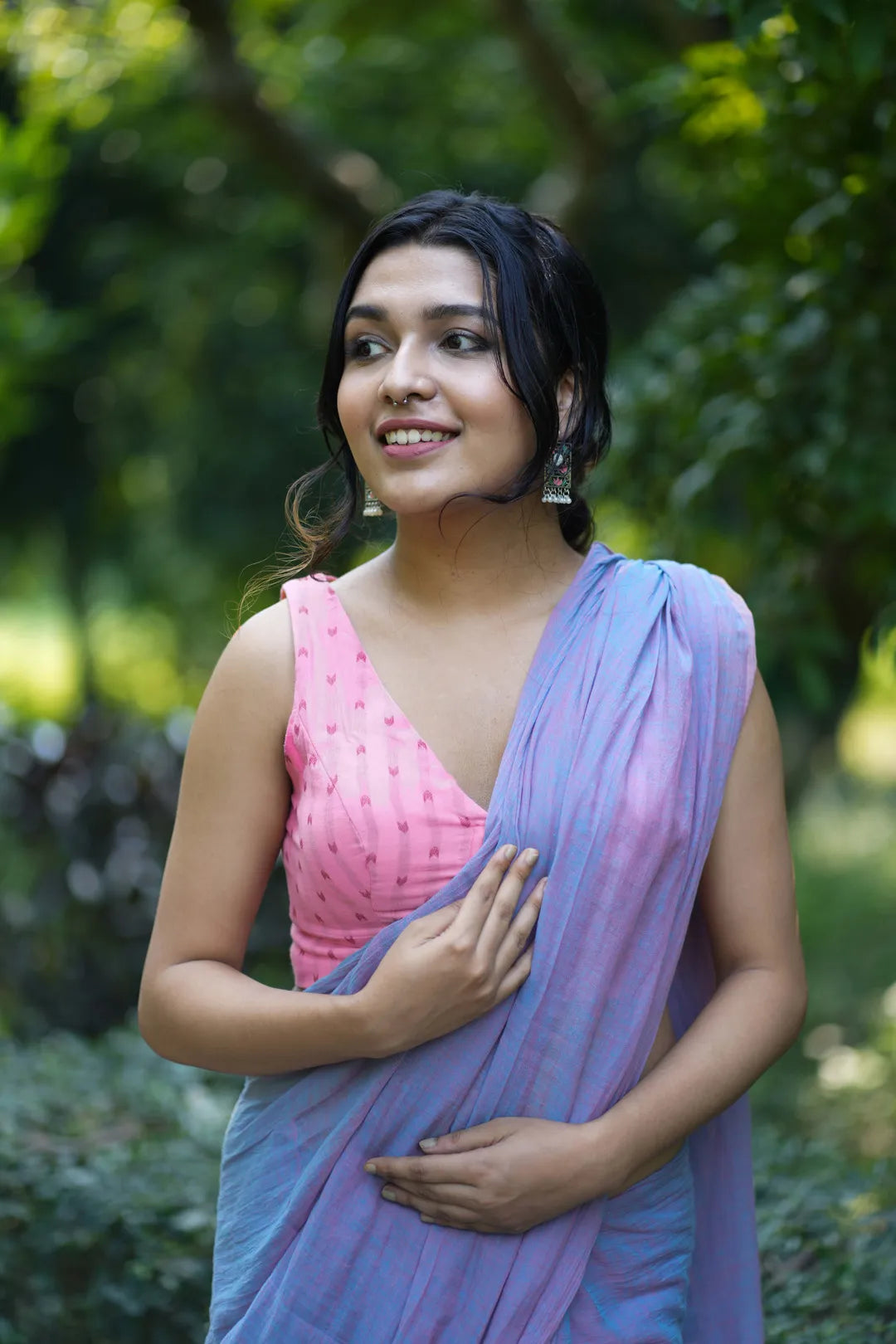 Pink Cotton Sleeveless blouse with dark pink pattern - I Love Sarees