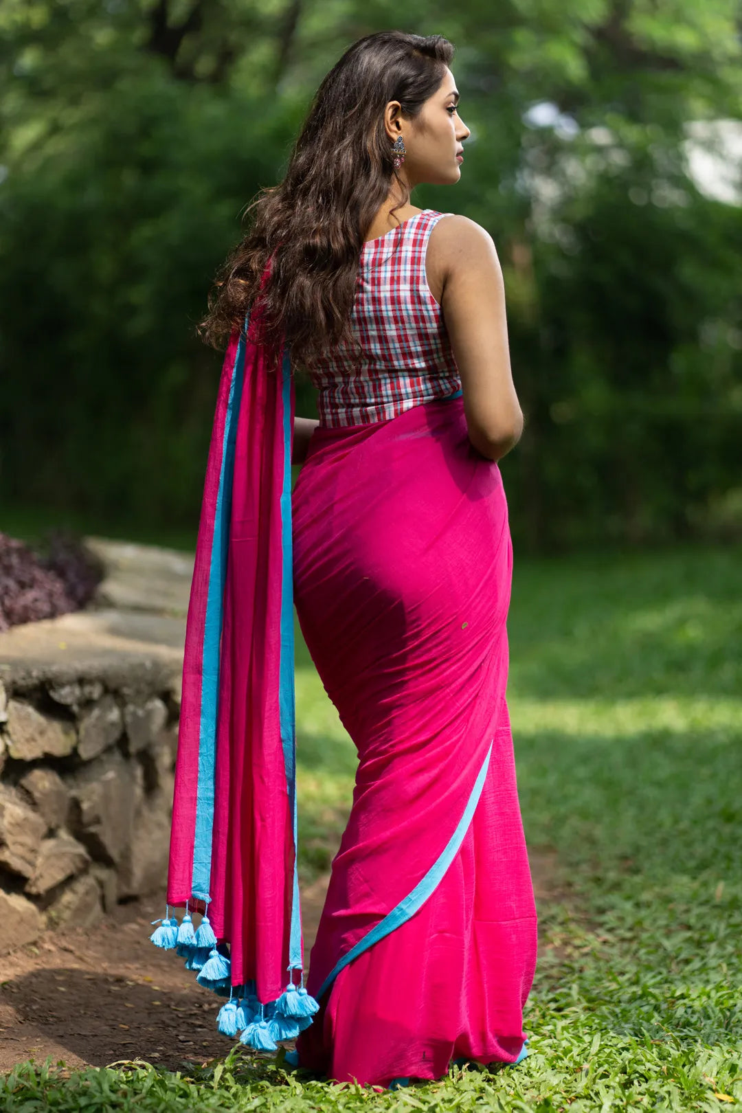 Pink and blue saree - pure handloom cotton saree with blue tassels - I Love Sarees