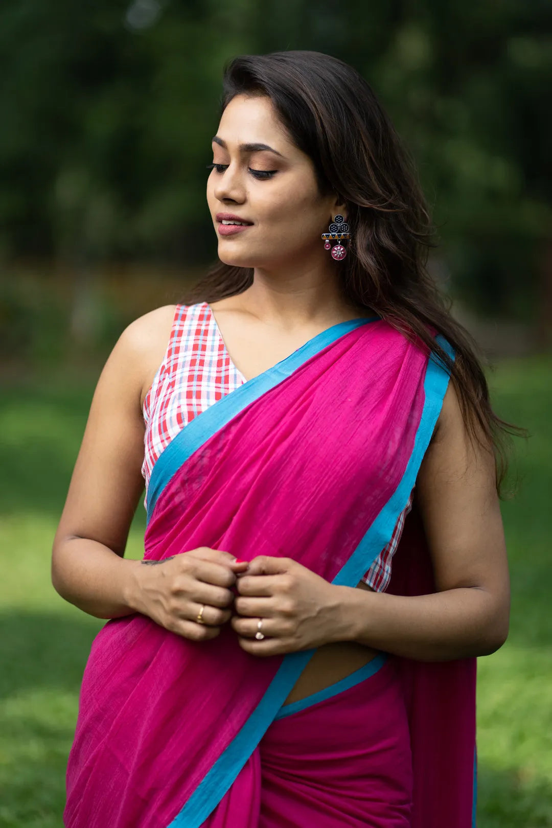 Pink and blue saree - pure handloom cotton saree with blue tassels - I Love Sarees