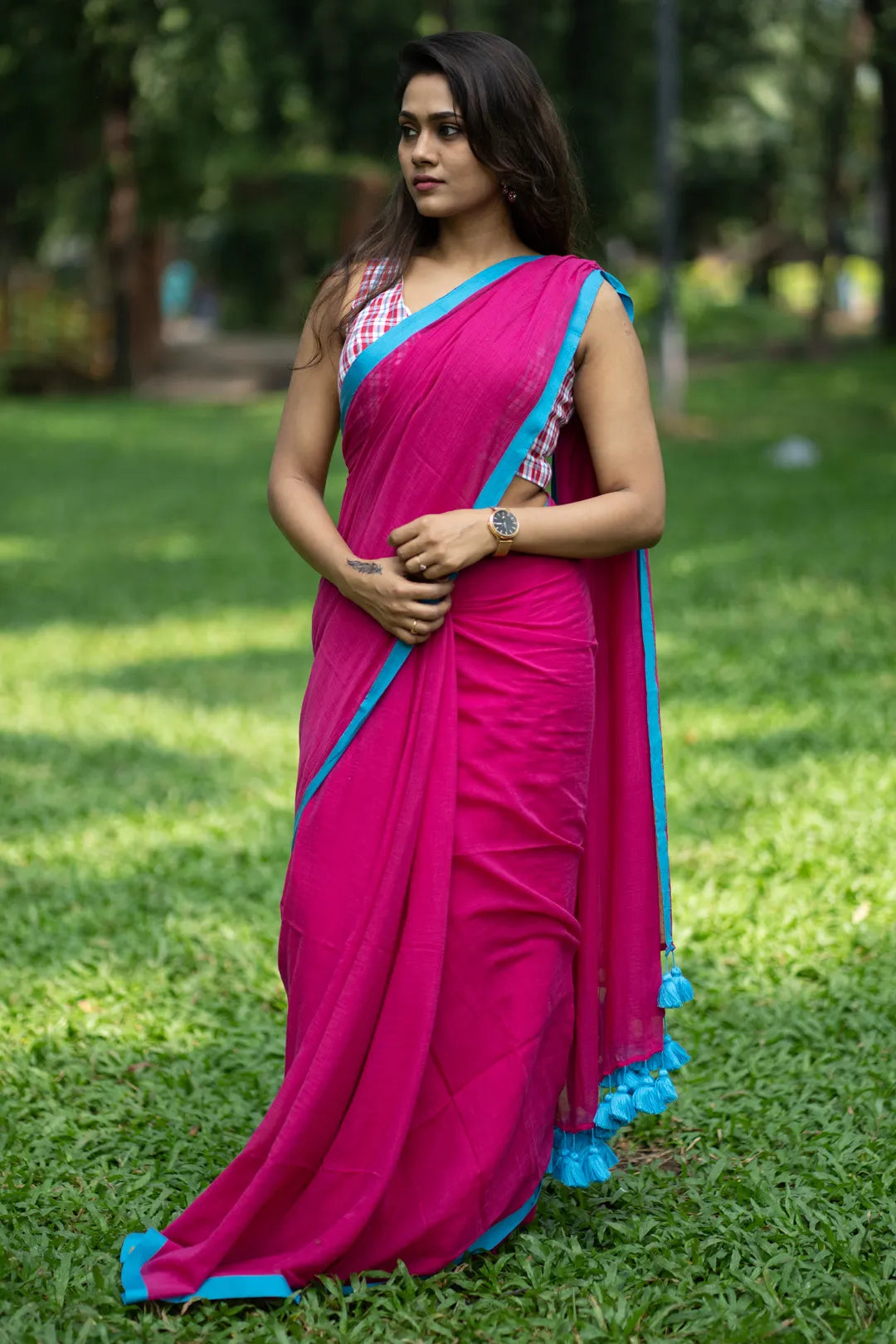 Pink and blue saree - pure handloom cotton saree with blue tassels - I Love Sarees