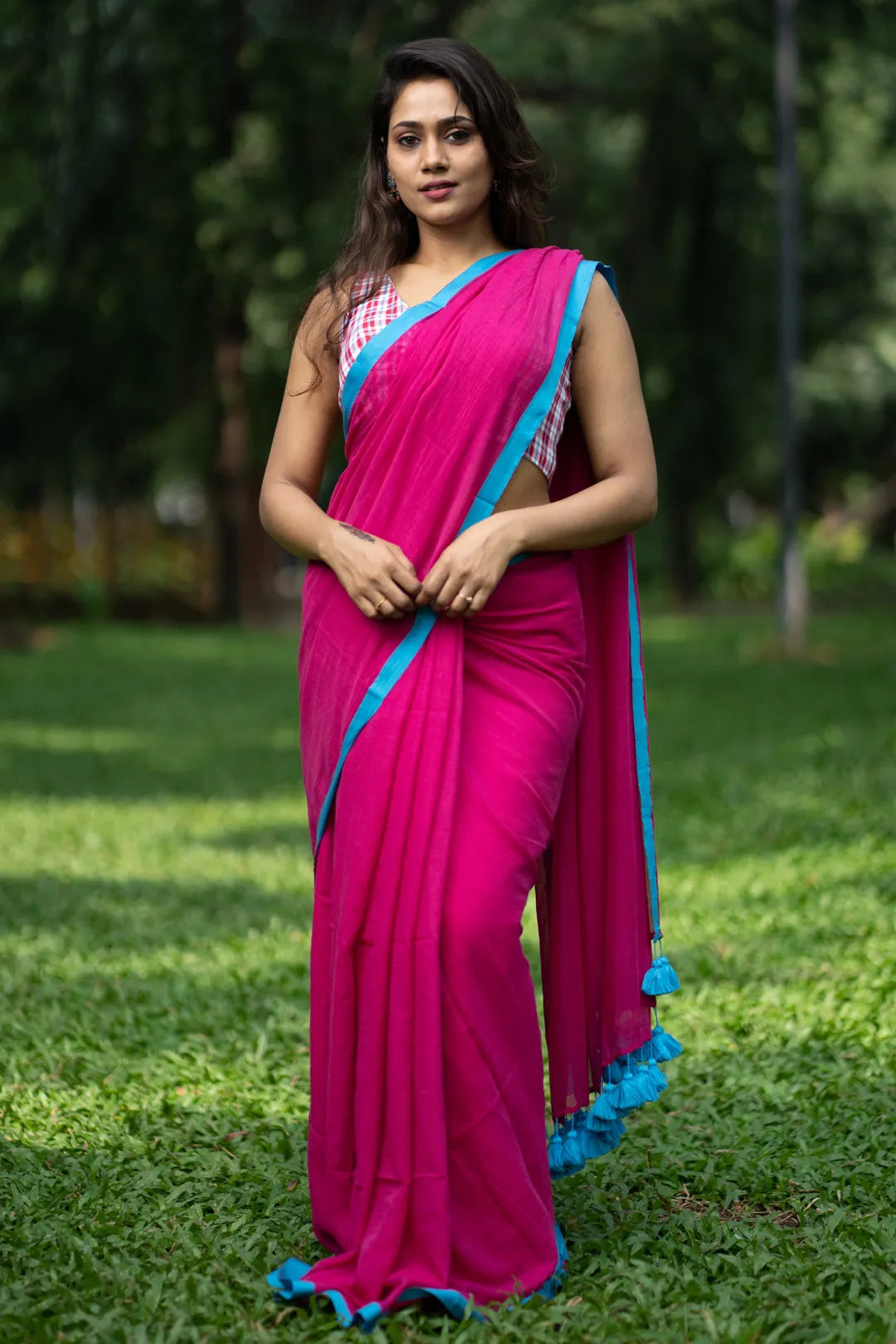 Pink and blue saree - pure handloom cotton saree with blue tassels - I Love Sarees