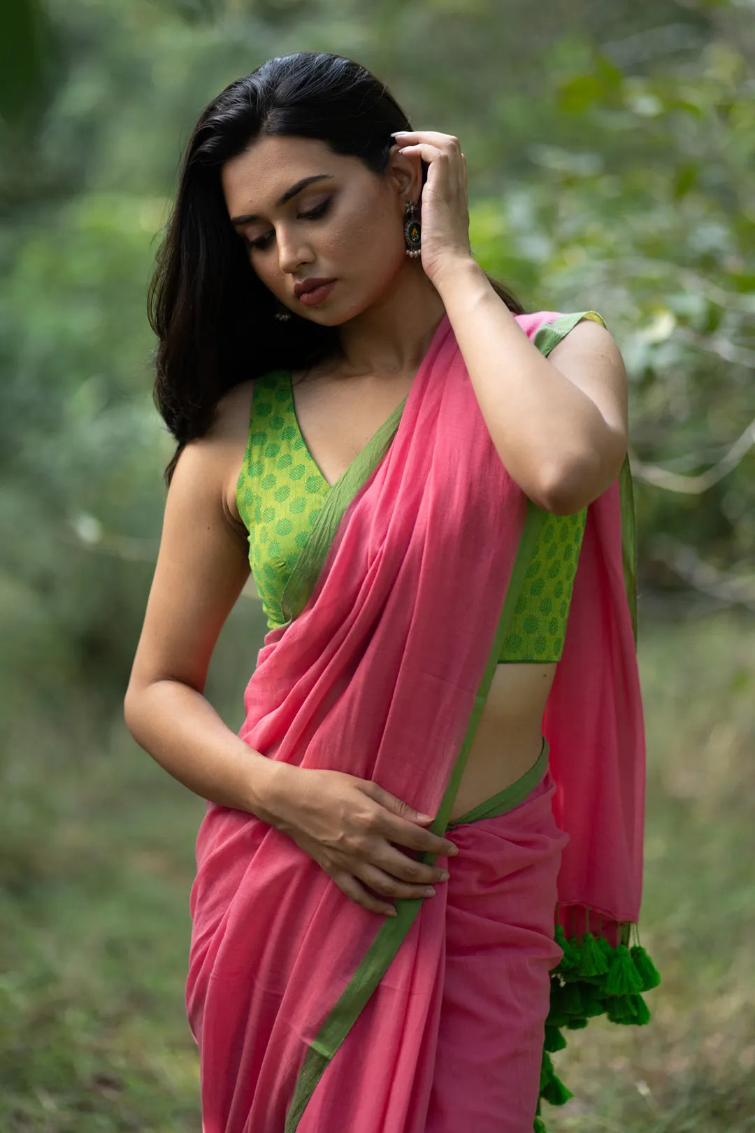 Pink saree with green border - Pure Soft Cotton Saree with Green Tassels - I Love Sarees