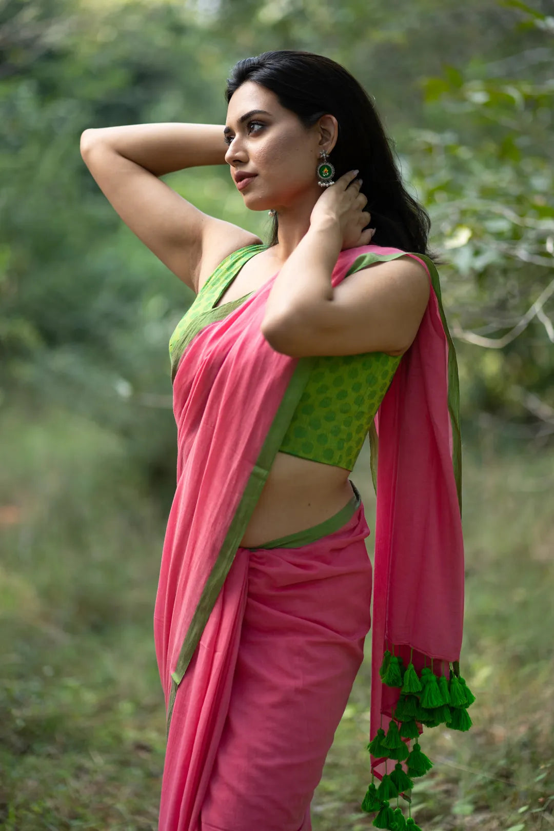 Pink saree with green border - Pure Soft Cotton Saree with Green Tassels - I Love Sarees