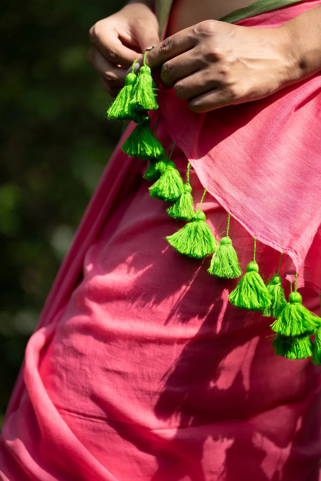 Pink saree with green border - Pure Soft Cotton Saree with Green Tassels - I Love Sarees