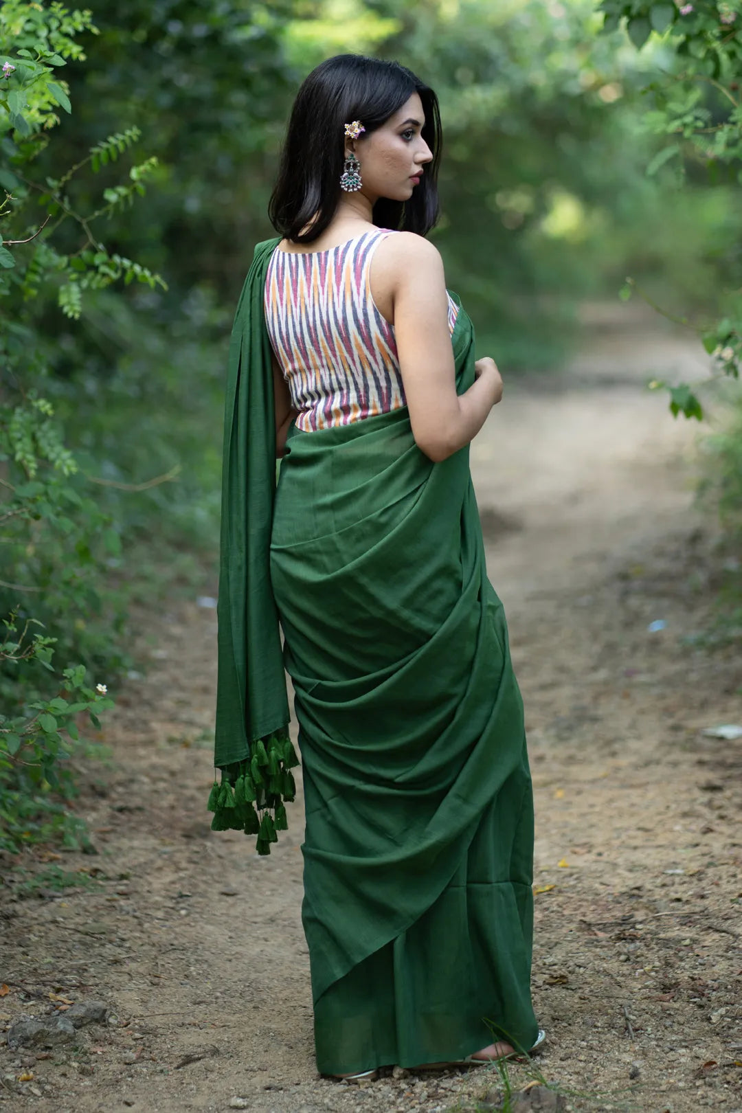 Plain Dark Green Handloom cotton Saree with Green Tassels - I Love Sarees