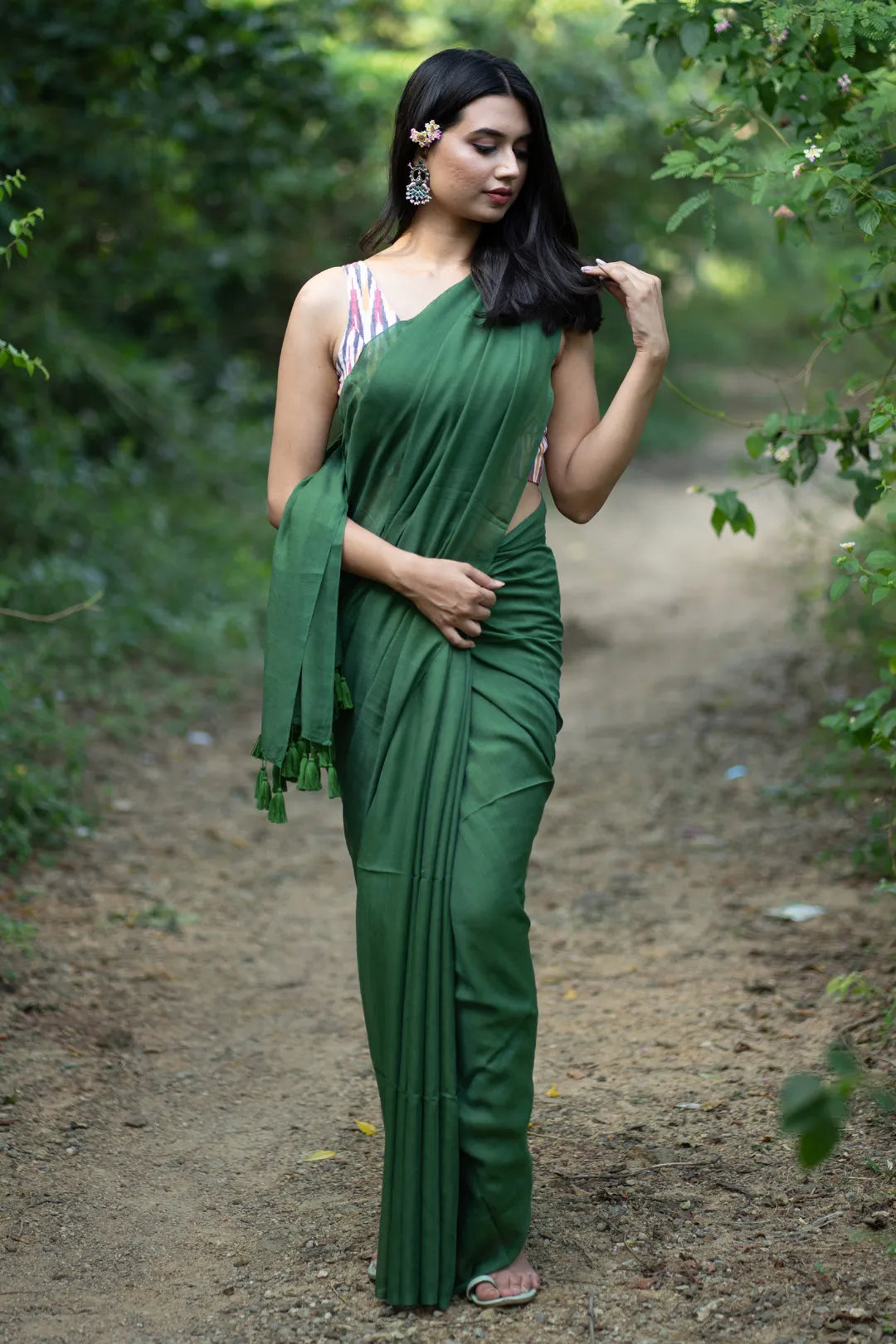 Plain Dark Green Handloom cotton Saree with Green Tassels - I Love Sarees