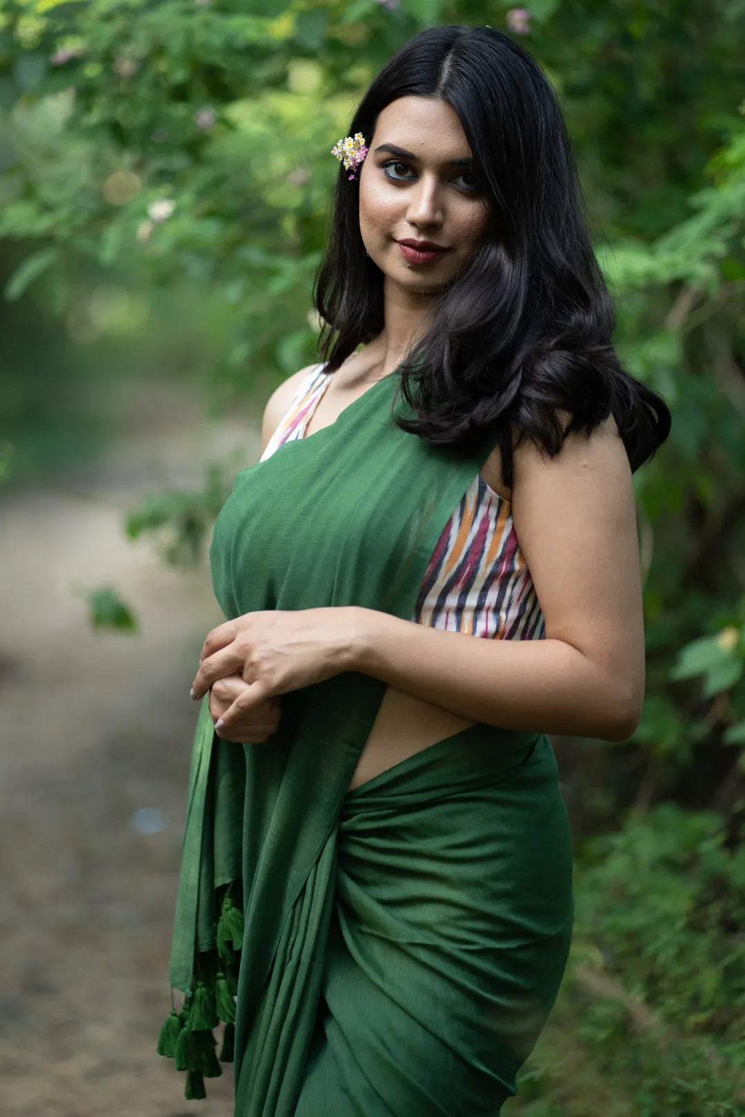 Plain Dark Green Handloom cotton Saree with Green Tassels - I Love Sarees